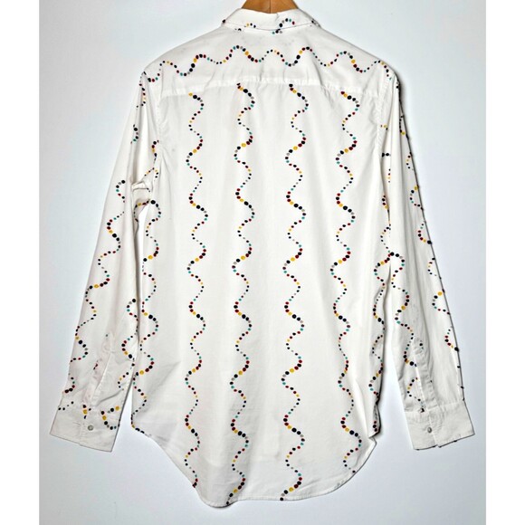 Xacus Mens Italian Button Up Shirt EU 46 White Multicolor Embroidered Wavy Dots - Picture 4 of 14